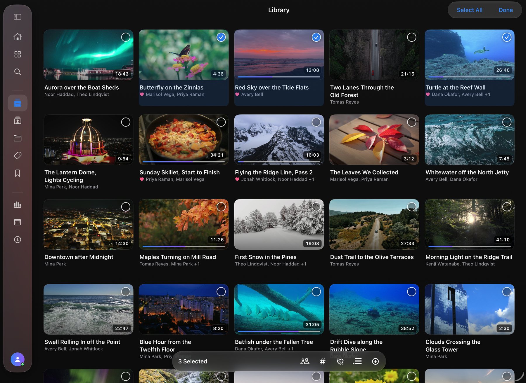 The library on iPad in Select mode: three videos chosen, with the organize bar along the bottom.