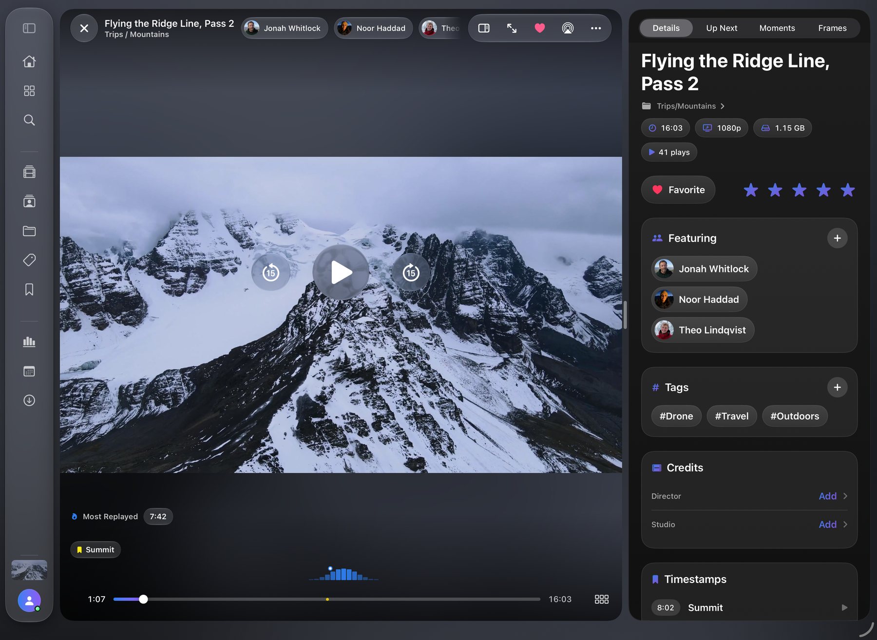 The iPad player: a mountain video on the left and a panel on the right with the video's people, tags, rating and credits.