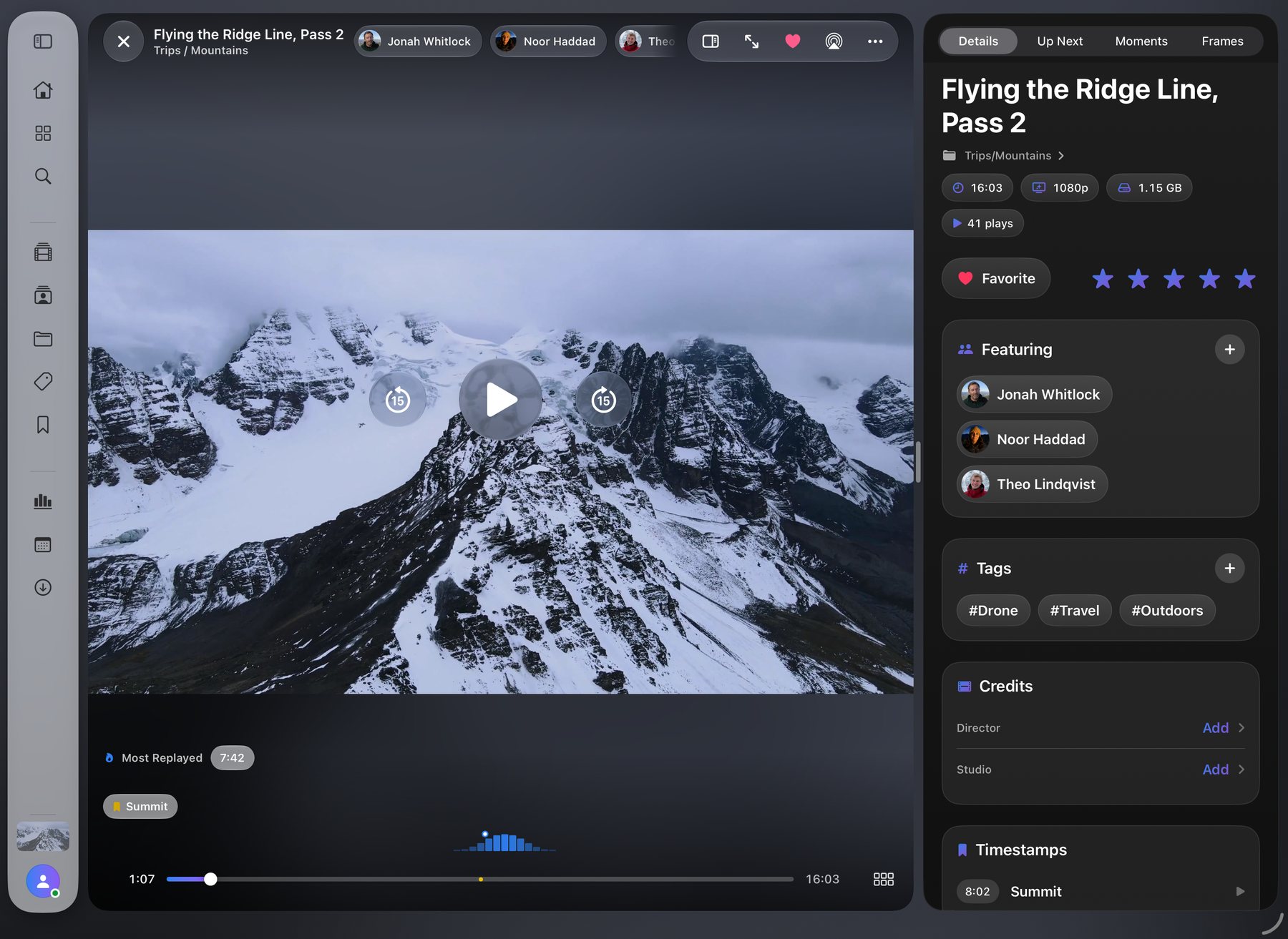 The iPad player: a mountain video on the left and a panel on the right with the video's people, tags, rating and credits.