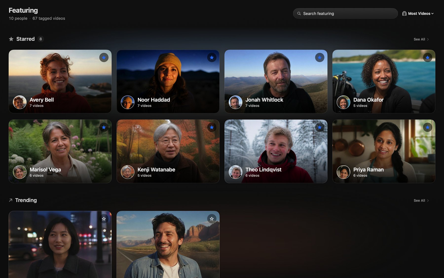 The Featuring page on a Mac: eight starred people shown as large portrait cards, with a Trending shelf below.