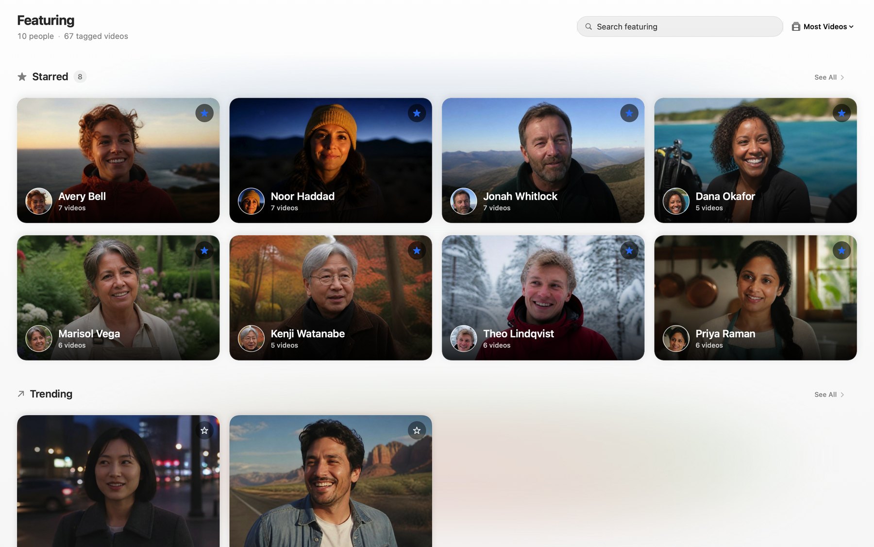 The Featuring page on a Mac: eight starred people shown as large portrait cards, with a Trending shelf below.