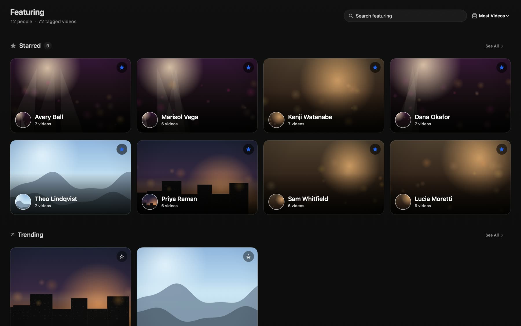 The Featuring page on a Mac: a Starred row of people shown as large cards, with a Trending shelf below.