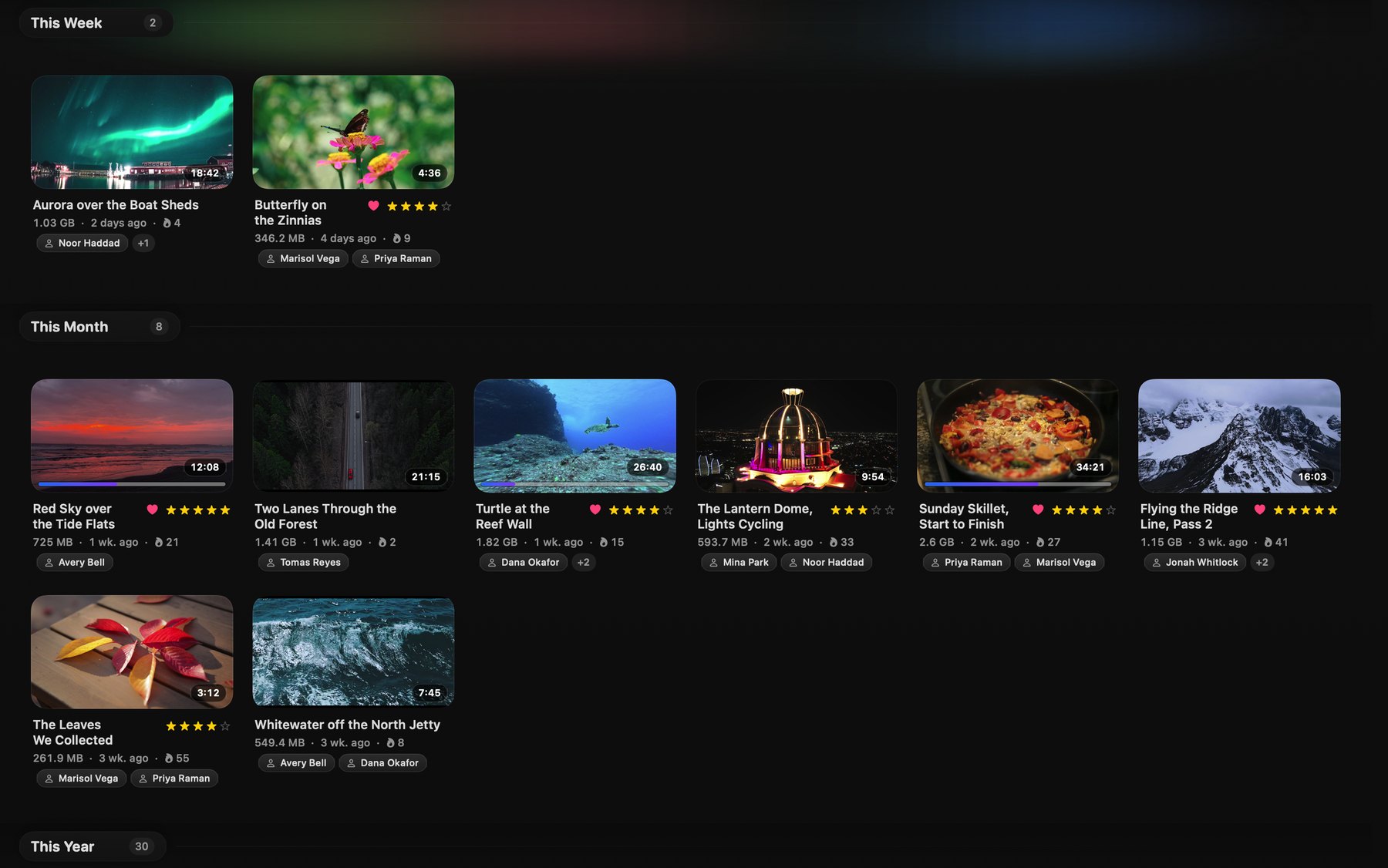 The Library grid on a Mac, grouped by This Week and This Month. Thumbnails show progress bars, star ratings and favorite hearts.