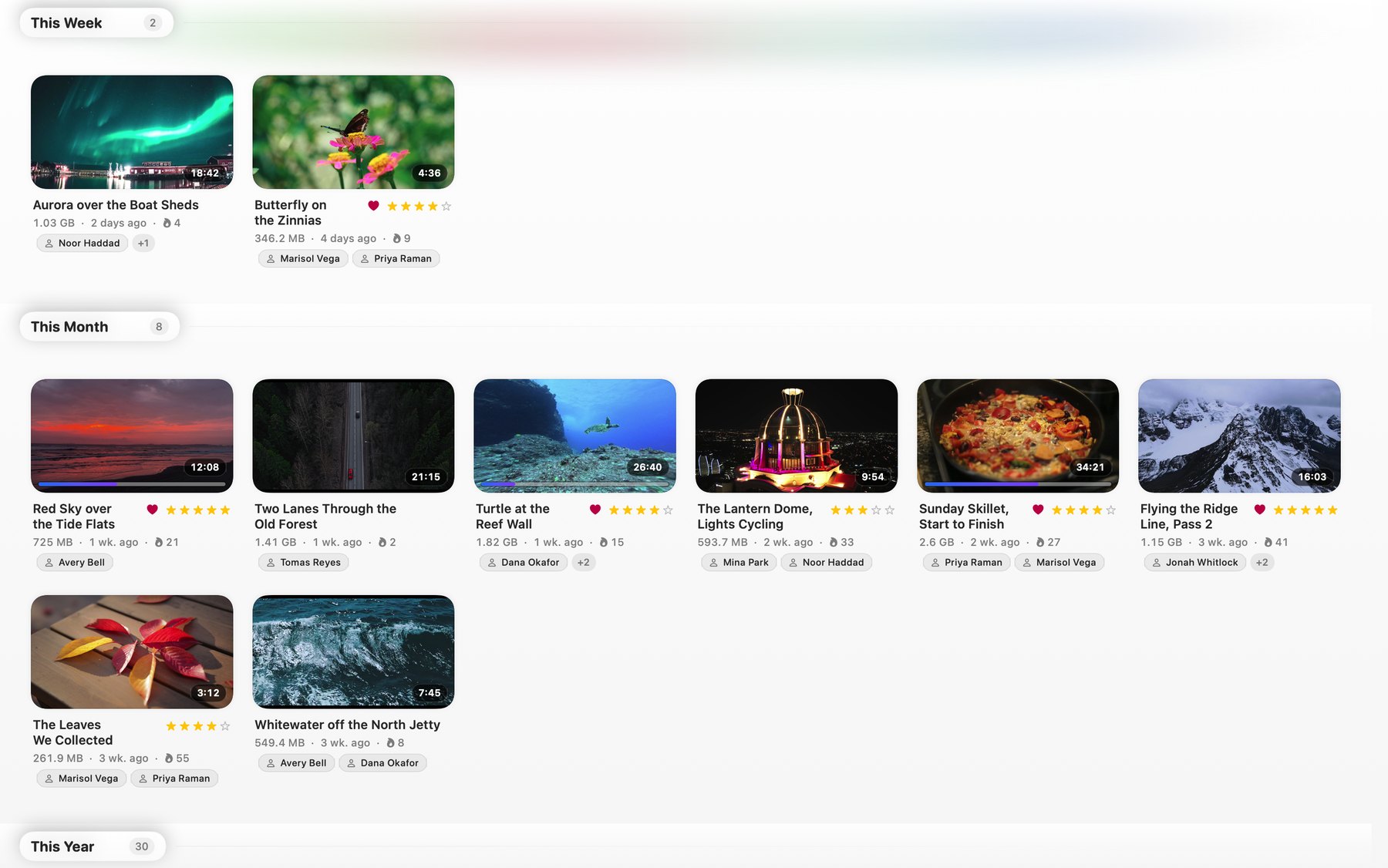 The Library grid on a Mac, grouped by This Week and This Month. Thumbnails show progress bars, star ratings and favorite hearts.