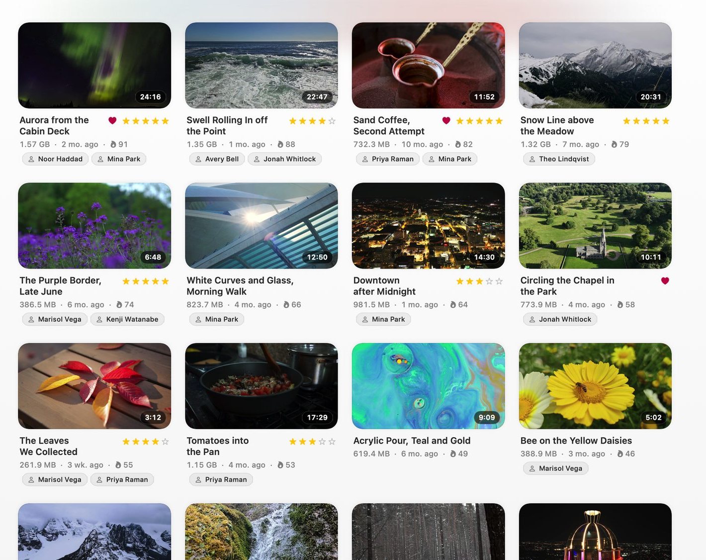 The Library on a Mac as a grid: video thumbnails with titles, ratings, sizes and the people in each.