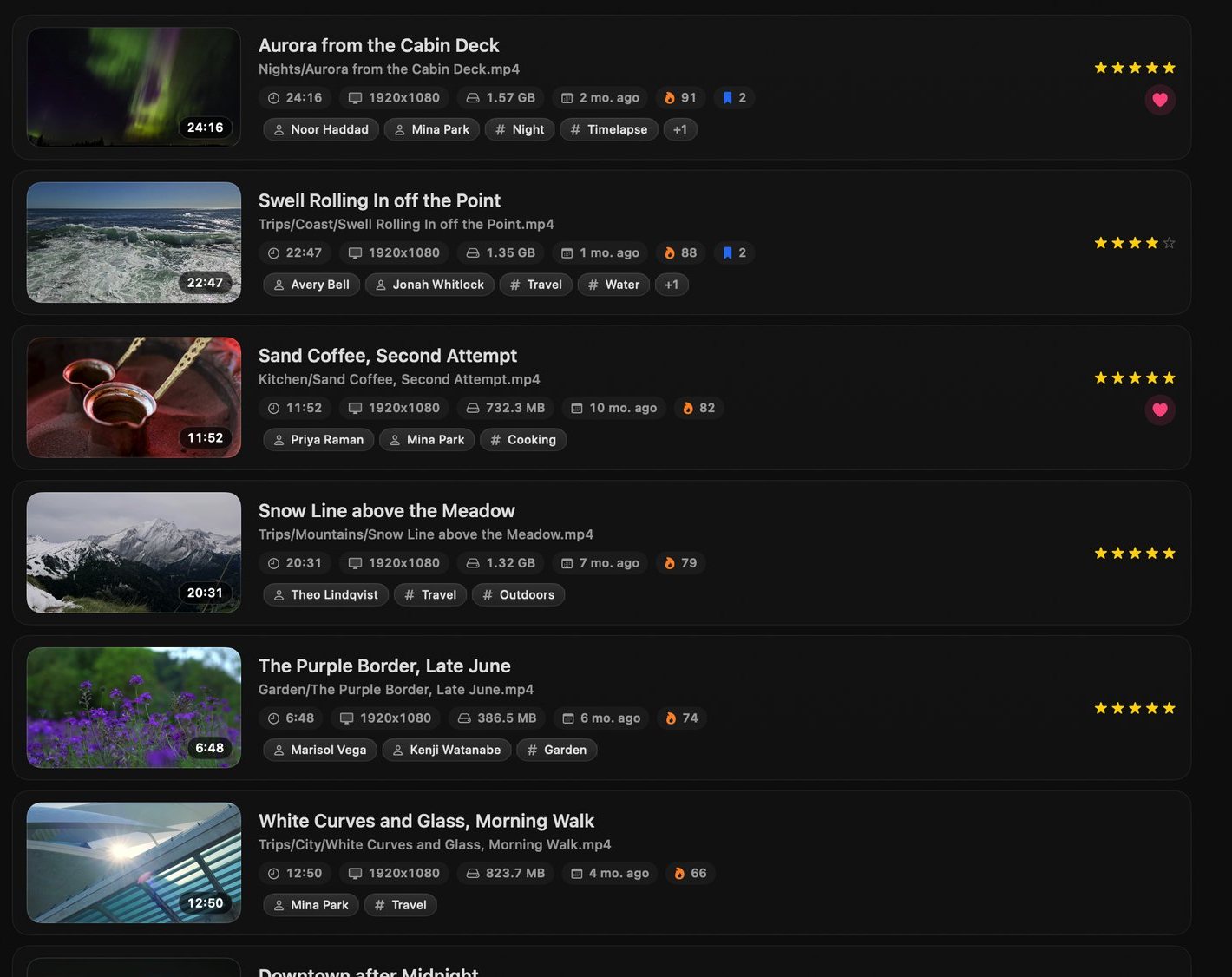 The Library on a Mac as a list: one row per video with a preview, its duration, resolution, size, people and tags.