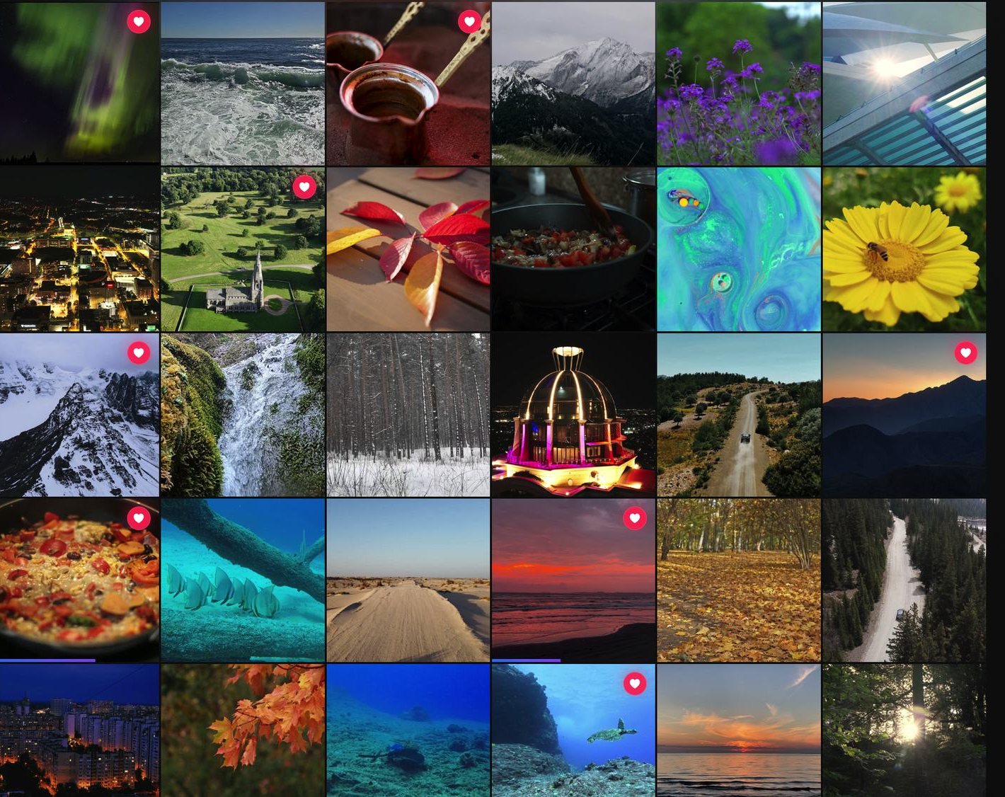 The Library on a Mac as a mosaic: a wall of video thumbnails with no gaps, some marked as favorites.