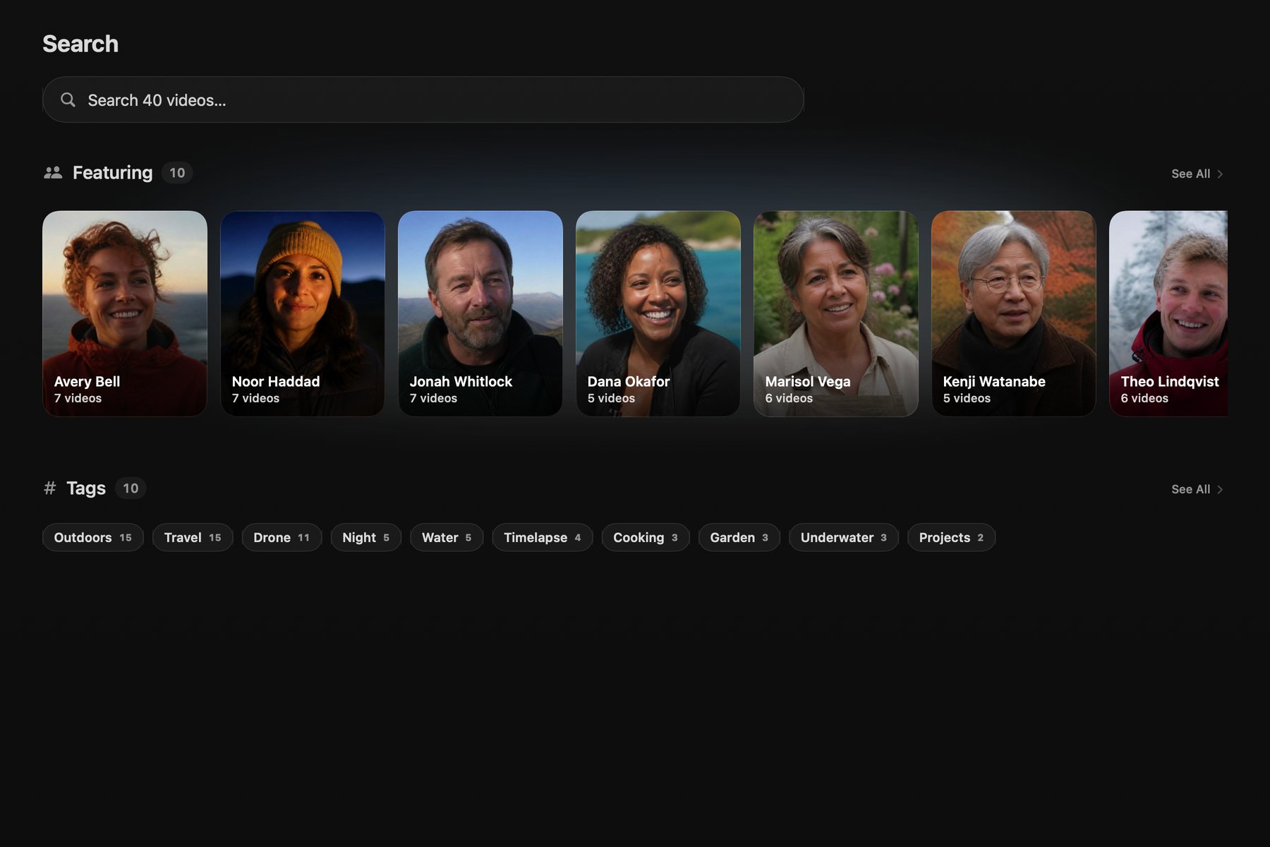 Search on a Mac: a search field above a row of people and a row of tags to start from.