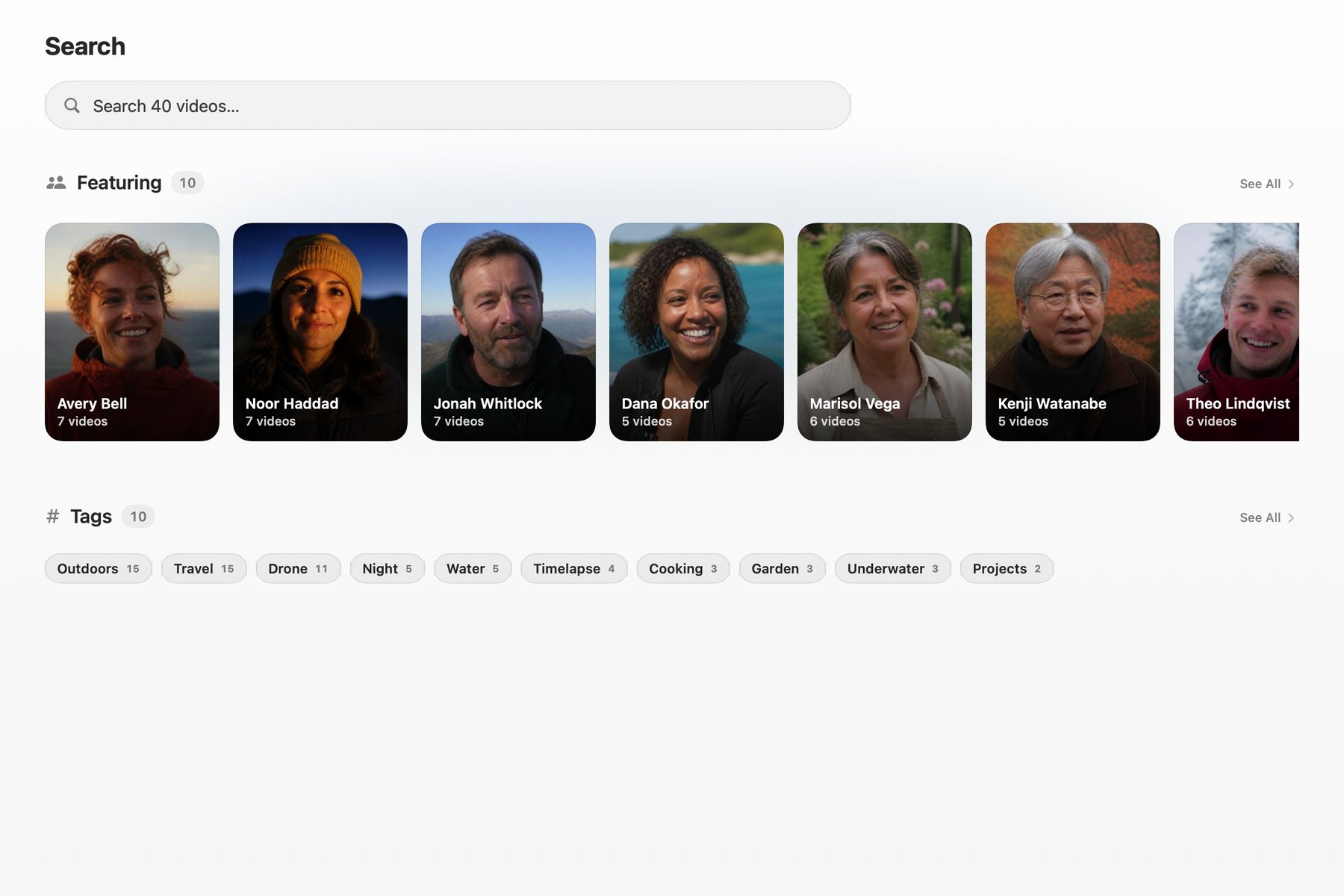 Search on a Mac: a search field above a row of people and a row of tags to start from.