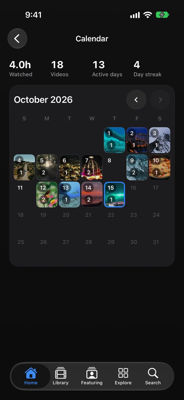Calendar on iPhone: a month view where the days you watched something show a thumbnail and a count.