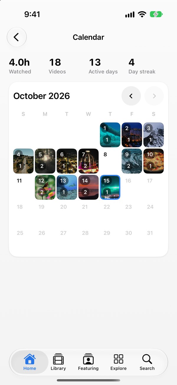 Calendar on iPhone: a month view where the days you watched something show a thumbnail and a count.