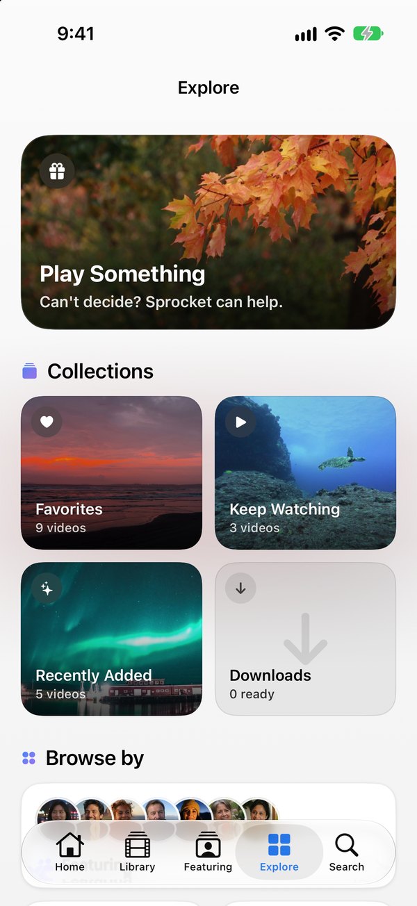 Explore on iPhone: a Play Something card above collections for Favorites, Keep Watching, Recently Added and Downloads.