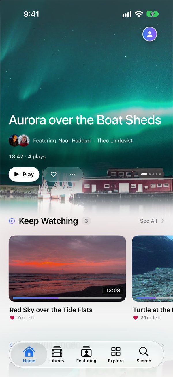 Sprocket Home on an iPhone. The same library, with a featured video of an aurora over a harbor and a Keep Watching shelf.