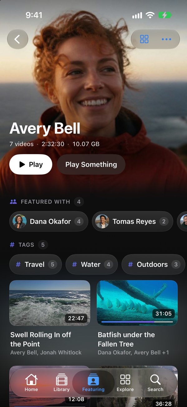 A person page on iPhone: a portrait with the person's name and video count, Play and Play Something buttons, the people they appear with, tags, and their videos.