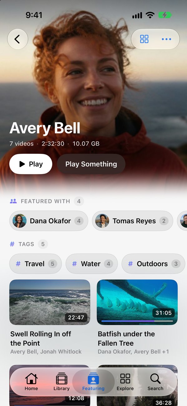 A person page on iPhone: a portrait with the person's name and video count, Play and Play Something buttons, the people they appear with, tags, and their videos.