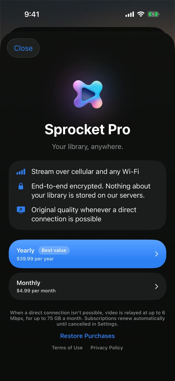 The Sprocket Pro screen on iPhone, titled Your library, anywhere, with Yearly at $39.99 and Monthly at $4.99.