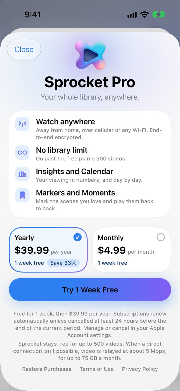 The Sprocket Pro screen on iPhone: Your whole library, anywhere. Four things Pro adds (watch anywhere, no library limit, Insights and Calendar, Markers and Moments), then Yearly at $39.99 with Save 33% and Monthly at $4.99, each with one week free.