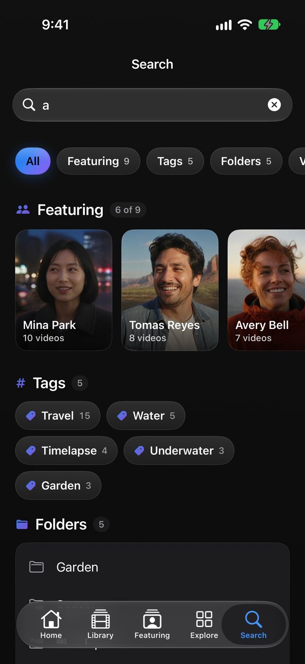 Search on iPhone: results grouped into people, tags and folders, with filter chips across the top.