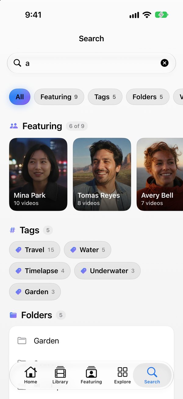 Search on iPhone: results grouped into people, tags and folders, with filter chips across the top.